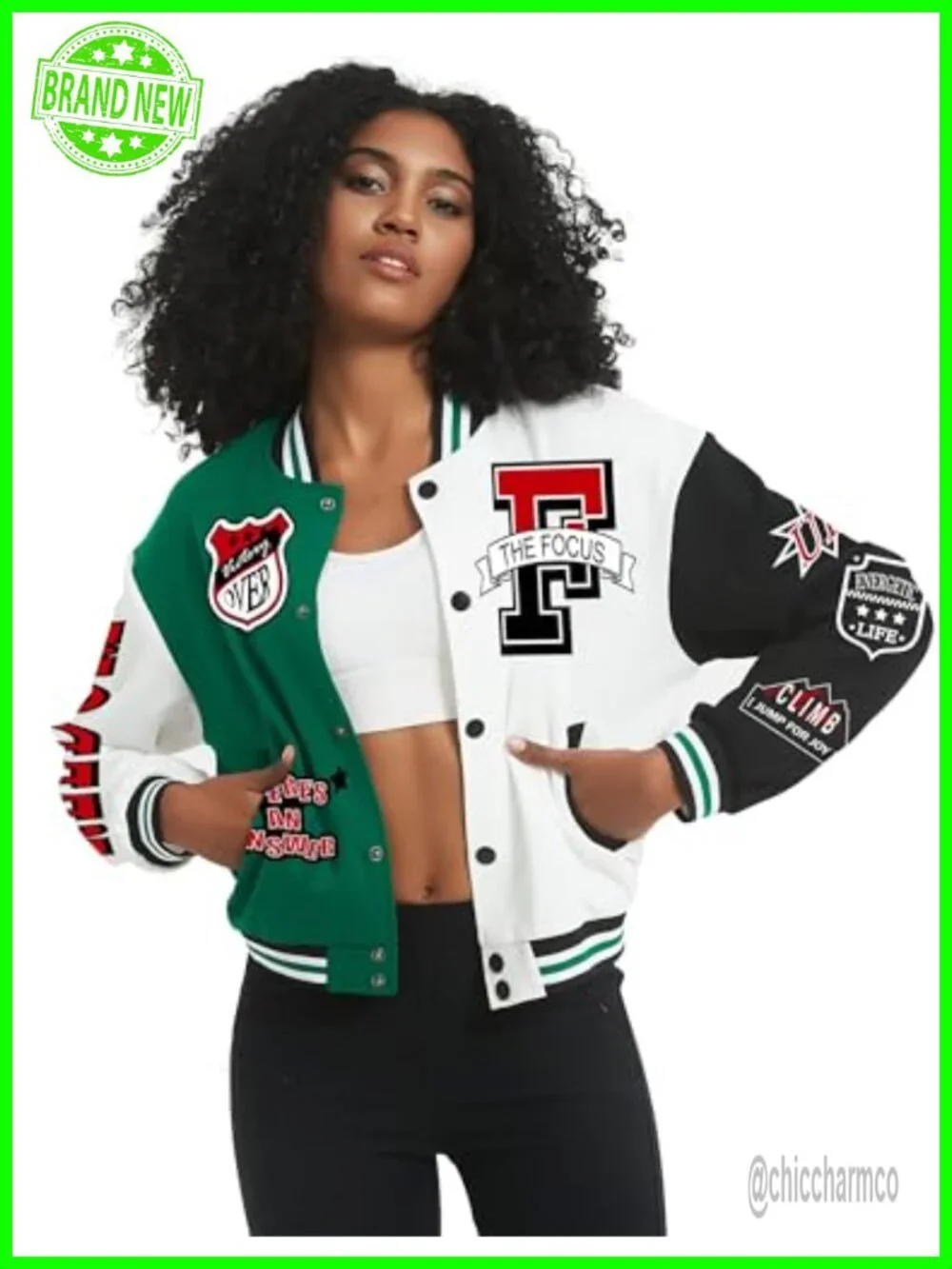 Cropped Varsity Jacket Colorblock Baseball Streetwear Cotton Blend Zip Up